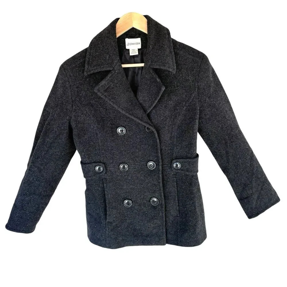 St. Johns Bay Size S Wool Cashmere Mid Length Pea Coat Double Breasted Winter